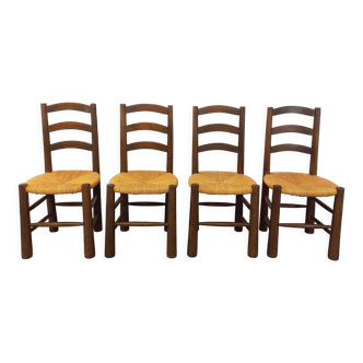 Suite of 4 vintage Georges Robert brutalist chairs in wood and straw from the 50s 60s