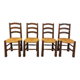 Suite de 4 chaises brutalistes vintage Georges Robert en bois et paille des années 50 60
