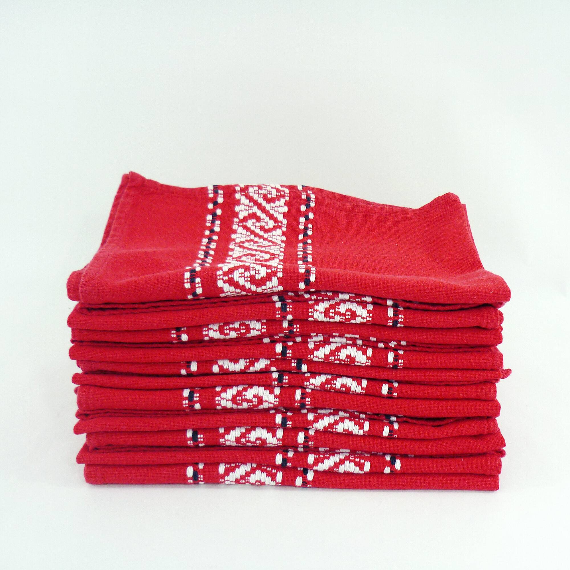 11 red cotton napkins - embroidered Basque style patterns