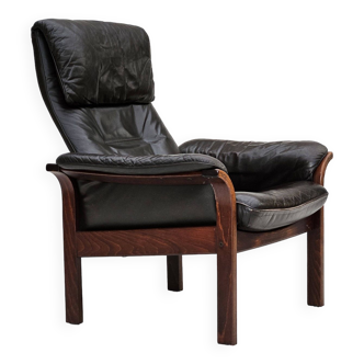 Chaise longue réglable, cuir marron années 1970, design suédois par göte möbler