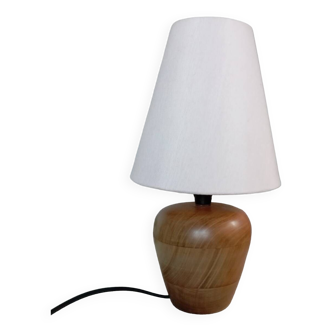 Lampe à poser bois tourné clair, abat jour lin rose poudré