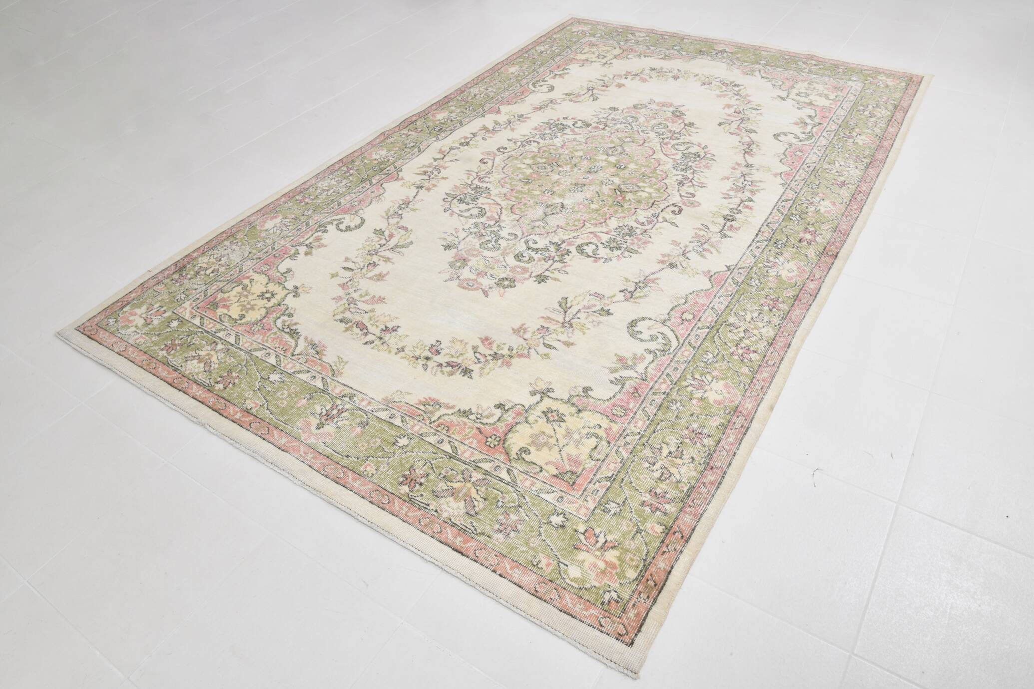Beige & Green Vintage Persian Rug, Soft Palette Rug, 204x320 Cm