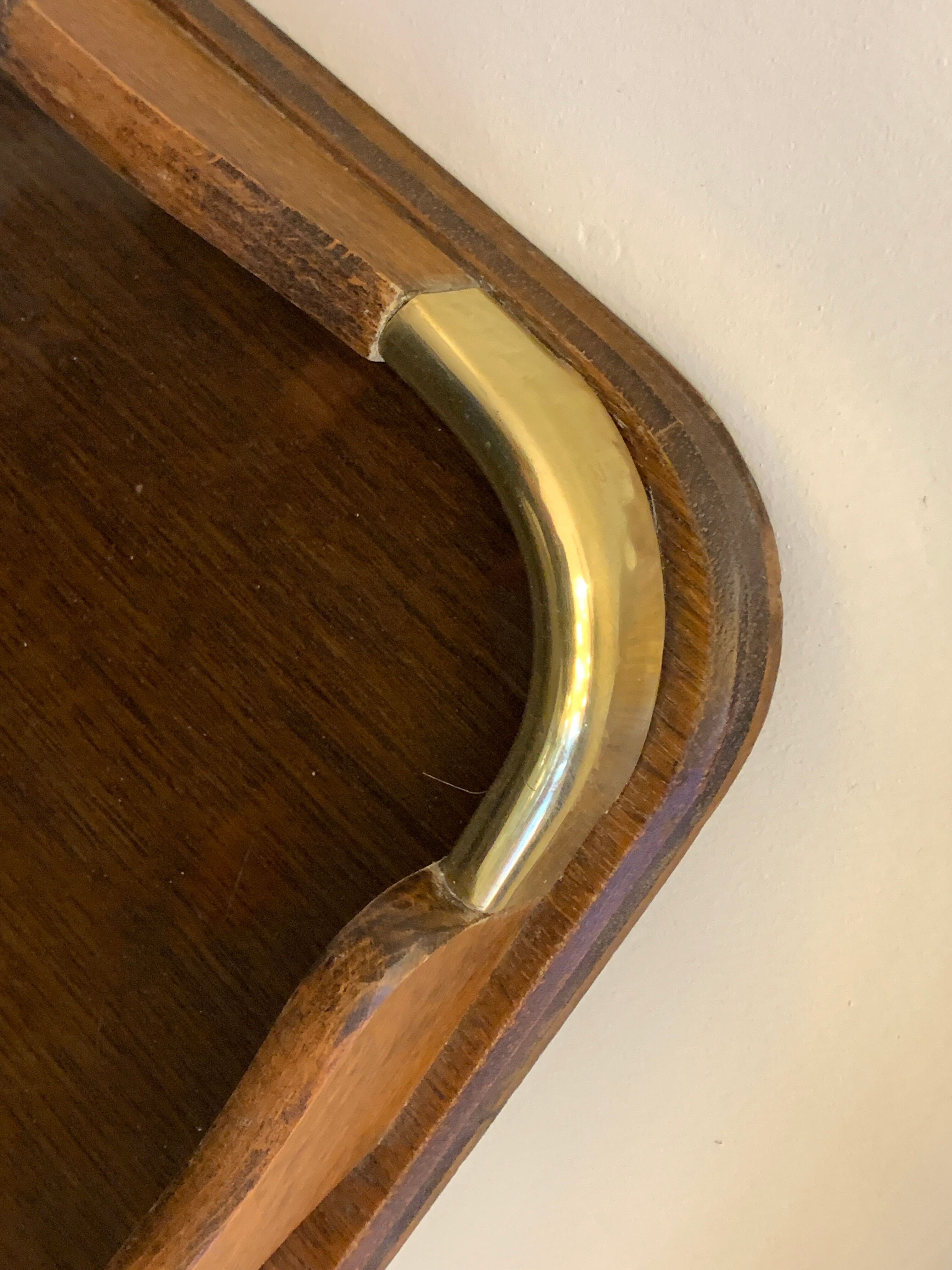 Serving tray in wood, brass and glass, 1960