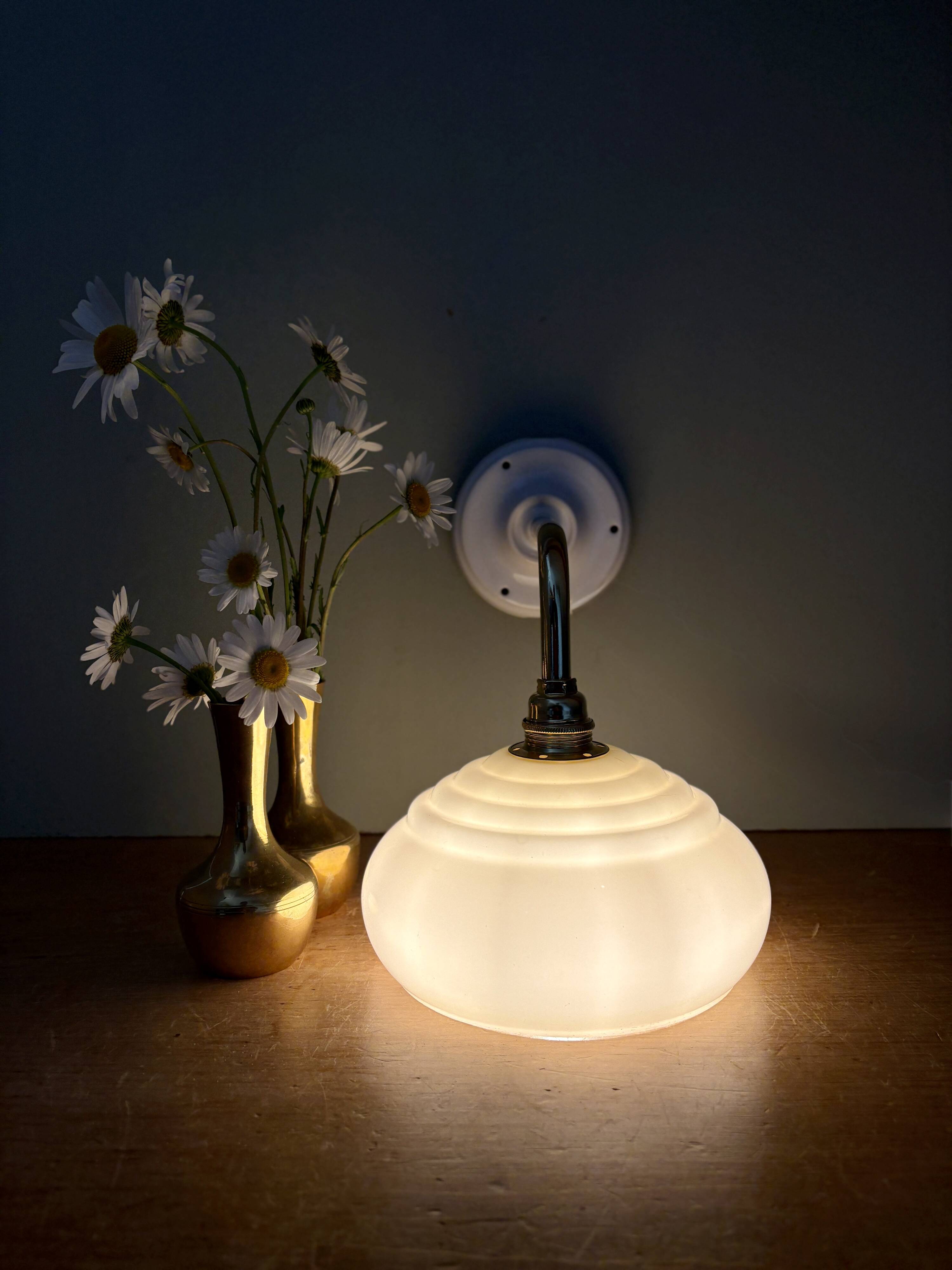 Vintage angled wall lamp with pale yellow opaline shade