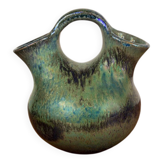 Vase double col Art-Déco en grés flammé vert irisé par Alphonse Cytère.