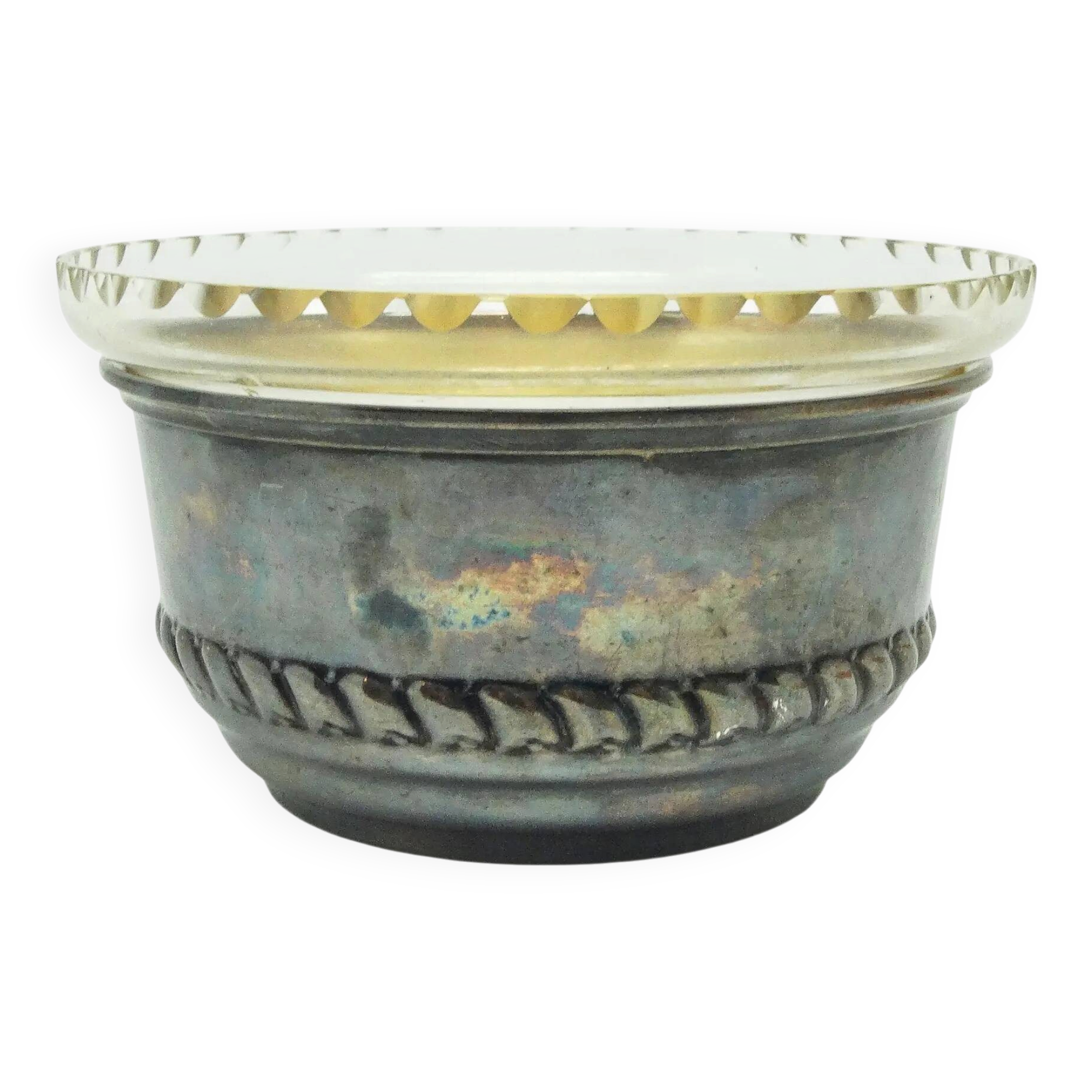 Neoclassical sugar bowl, glass, silver-plated brass, Denmark, 1930s