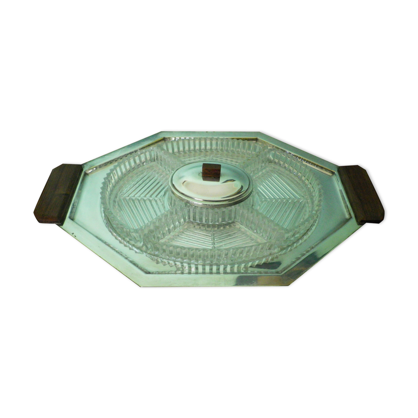 5-compartment thick glass servant - Silver metal with punch - Wooden handles - 1950/60