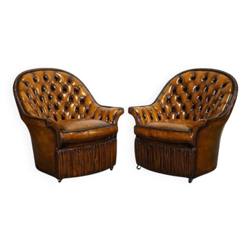 Fauteuils Chesterfield en Cuir Teint à la Main Marron avec Face Plissée, Set de 2