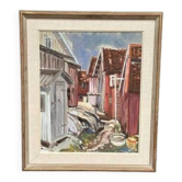 Mid Century Swedish Oil on Canvas “Red Cottages by Coast” Framed 51×59cm