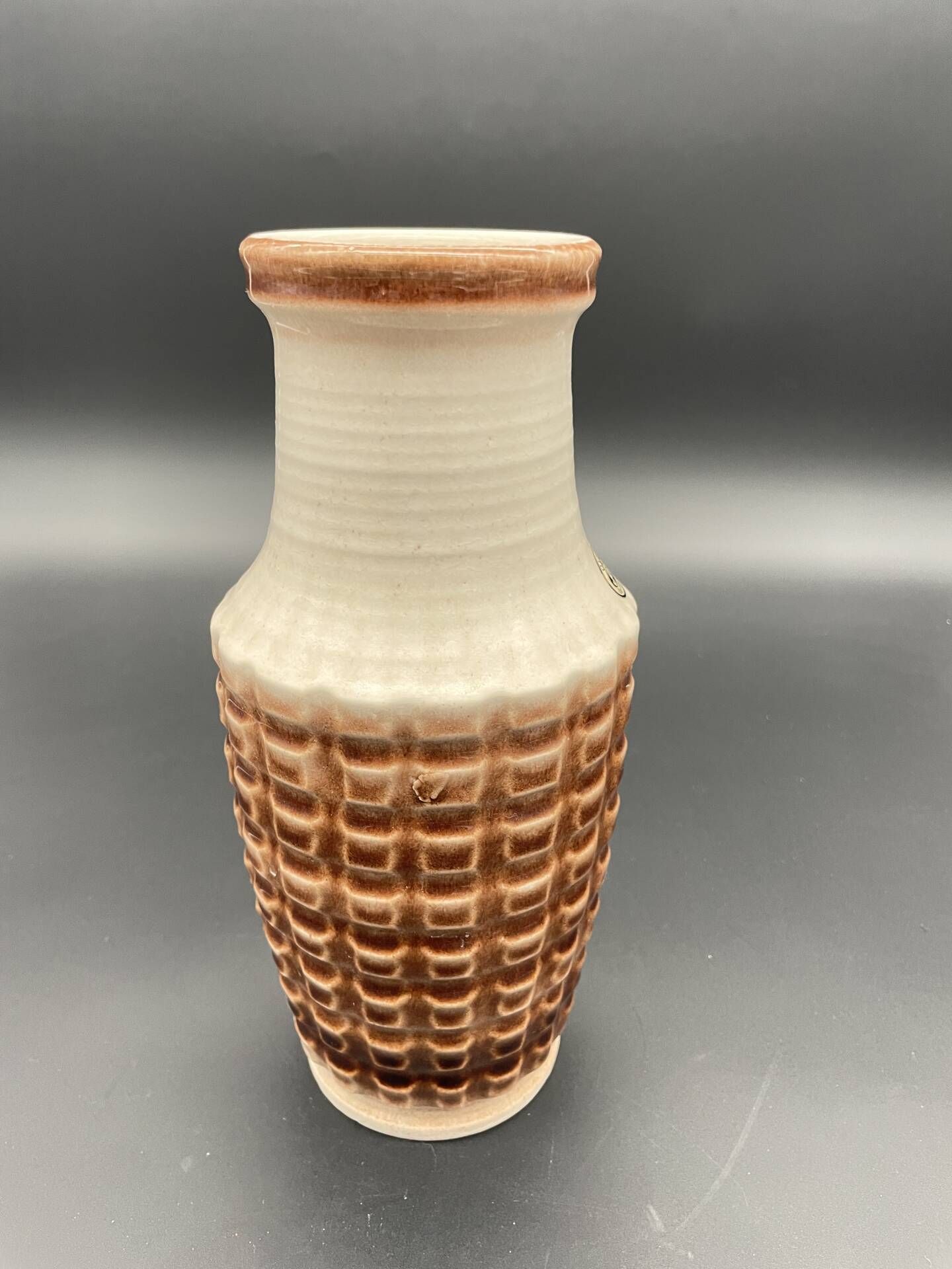 Vintage Jasba ceramic vase – brown and white geometric relief – A