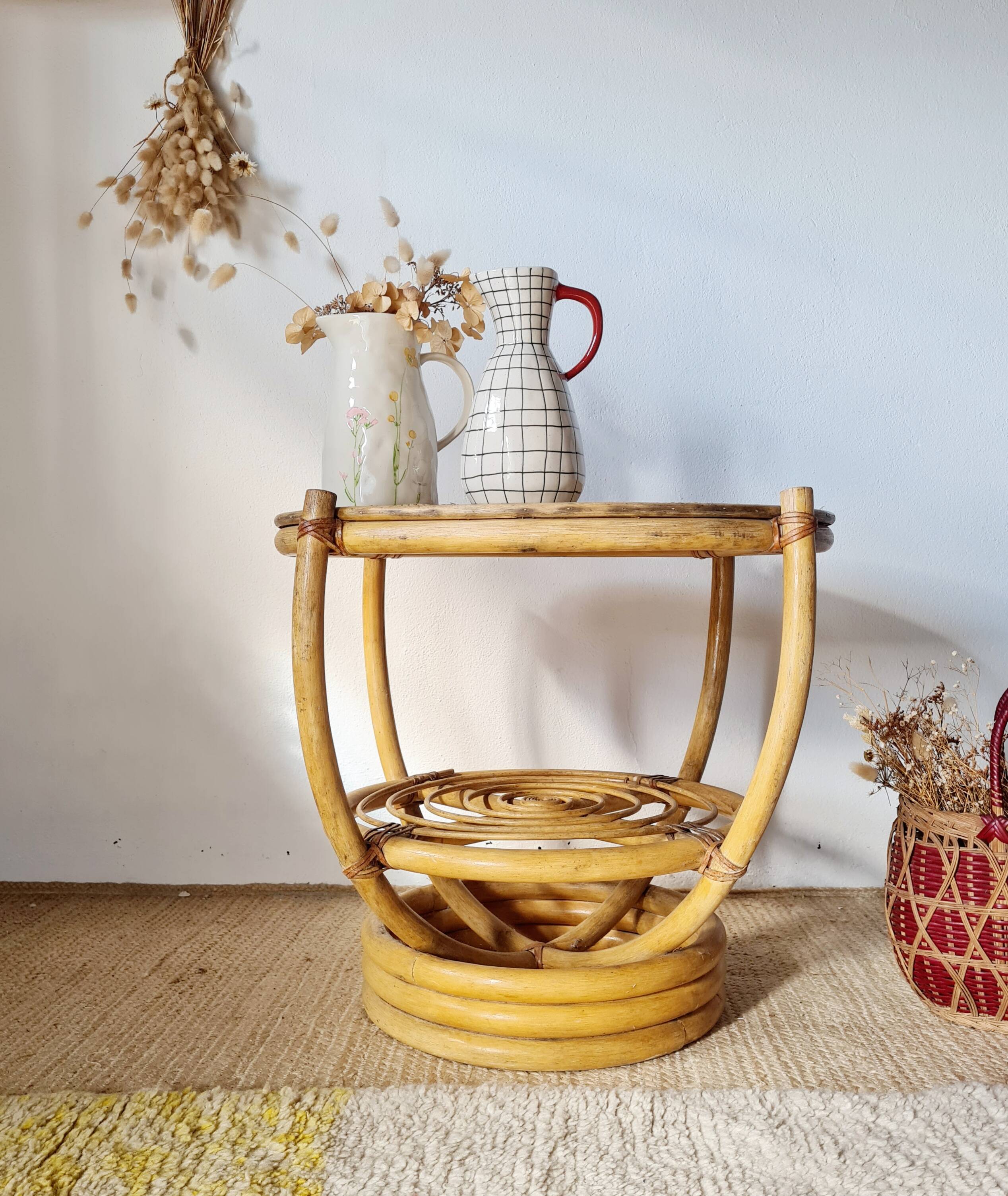 Vintage rattan side table with two round tops – 1960