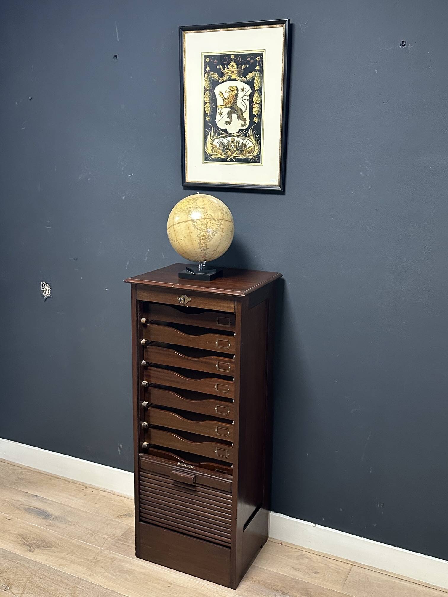 Antique mahogany roll-top filing cabinet with 10 drawers