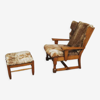 Brutalist oak lounge chair and ottoman