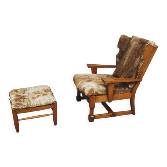 Brutalist oak lounge chair and ottoman