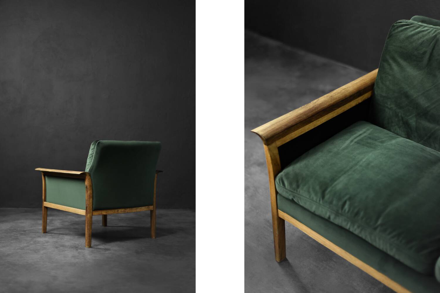 Vintage Mid-Century Modern Rosewood & Green Velour 3-Seater Sofa and Chair