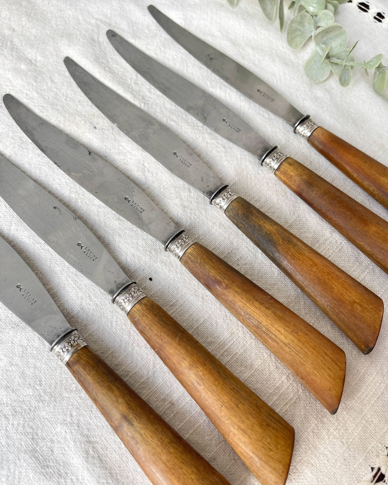 6 Vintage Horn Knives Silver Steel Blade LEPINE A LYON France 19th Century