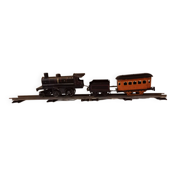 Petit train mécanique JEP, comprenant locomotive, tender, wagon lits, rail, années 1930