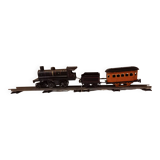 Small JEP mechanical train, including locomotive, tender, sleeping car, rail, 1930s