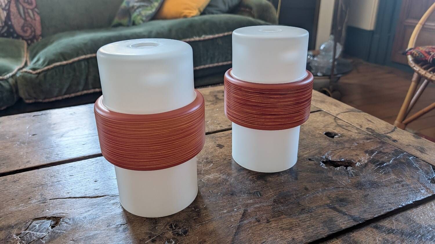 Pair of opaline lampshades, wood imitation decor from the 60s.