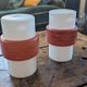 Pair of opaline lampshades, wood imitation decor from the 60s.