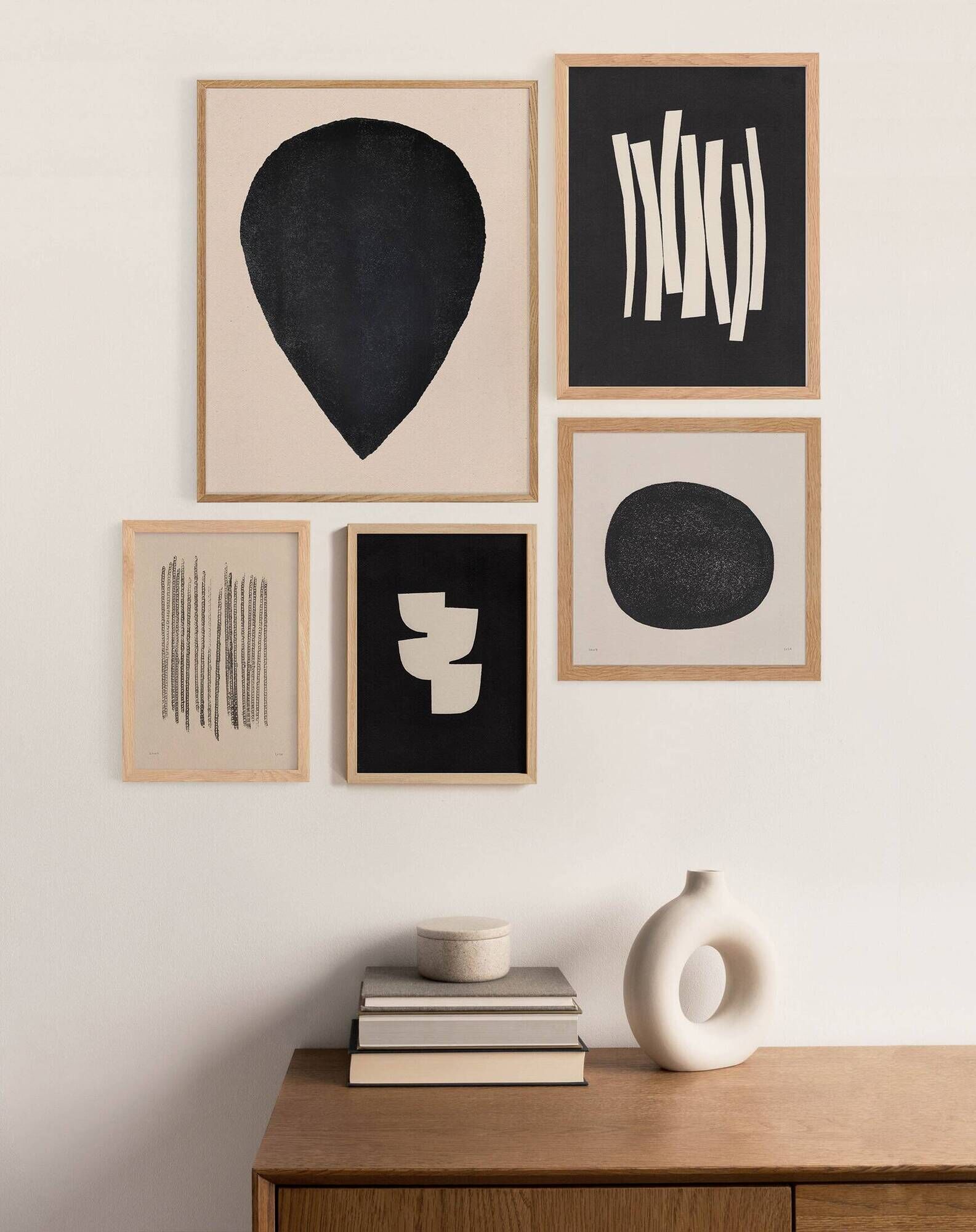 Collection of 5 black paintings on paper signed Eawy.
