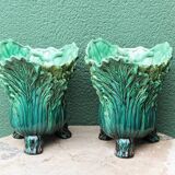 Pair of slip pot covers, cabbage leaves