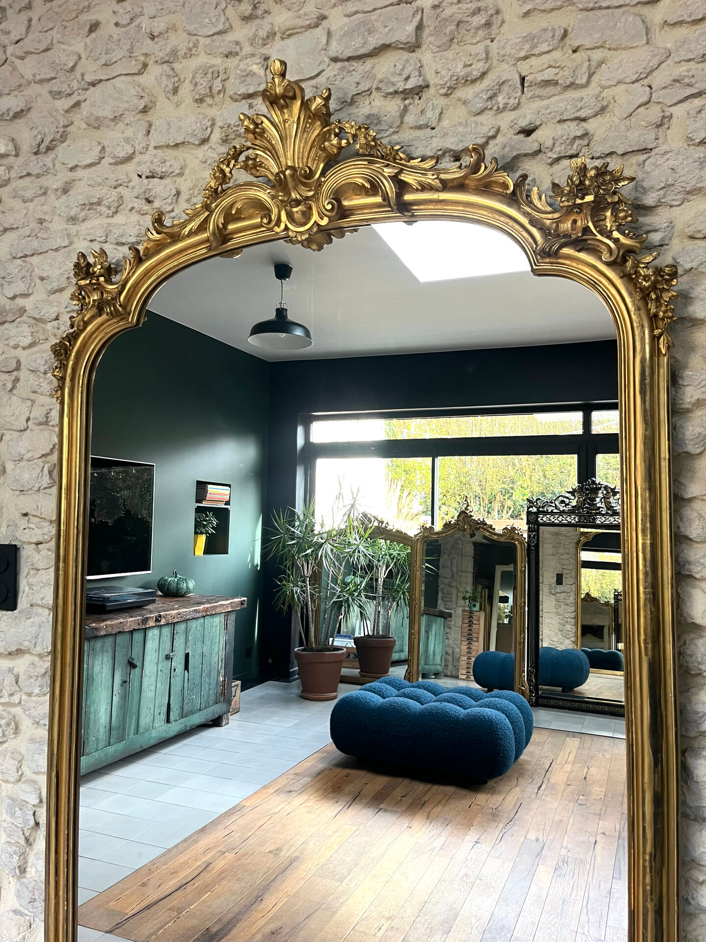 Gold leaf mirror with pediments, 219/131cm, overmantel.