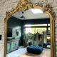 Gold leaf mirror with pediments, 219/131cm, overmantel.