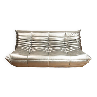 Silver leather Togo 3-seater sofa by Michel Ducaroy for Ligne Roset