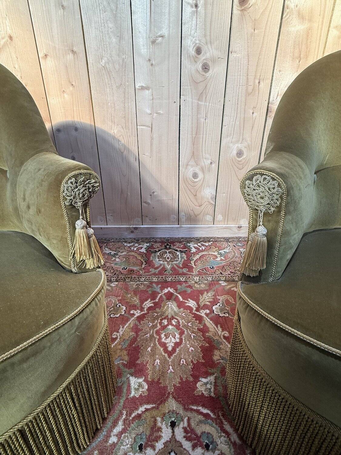 Pair of Napoleon III style crapaud armchairs in two-tone velvet.