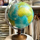 World map, globe with wooden base