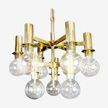 Hans-Agne Jakobsson Brass and Glass ‘Pastoral’ Chandelier With Led Glass Spheres Bulbs