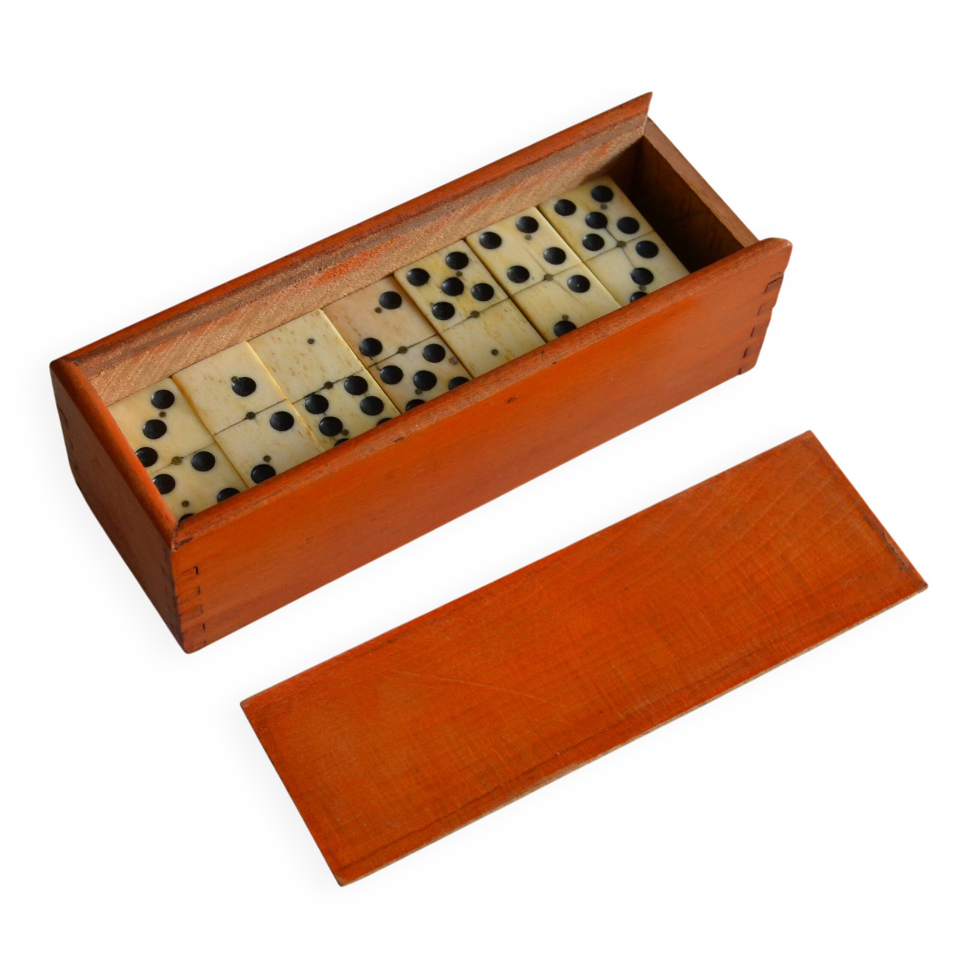 Antique ebony, bone and brass domino set + wooden box