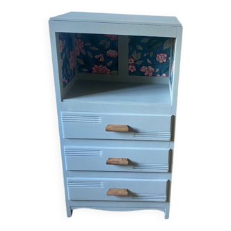 Chiffonnier vintage 3 tiroirs et une niche relooké vert sauge