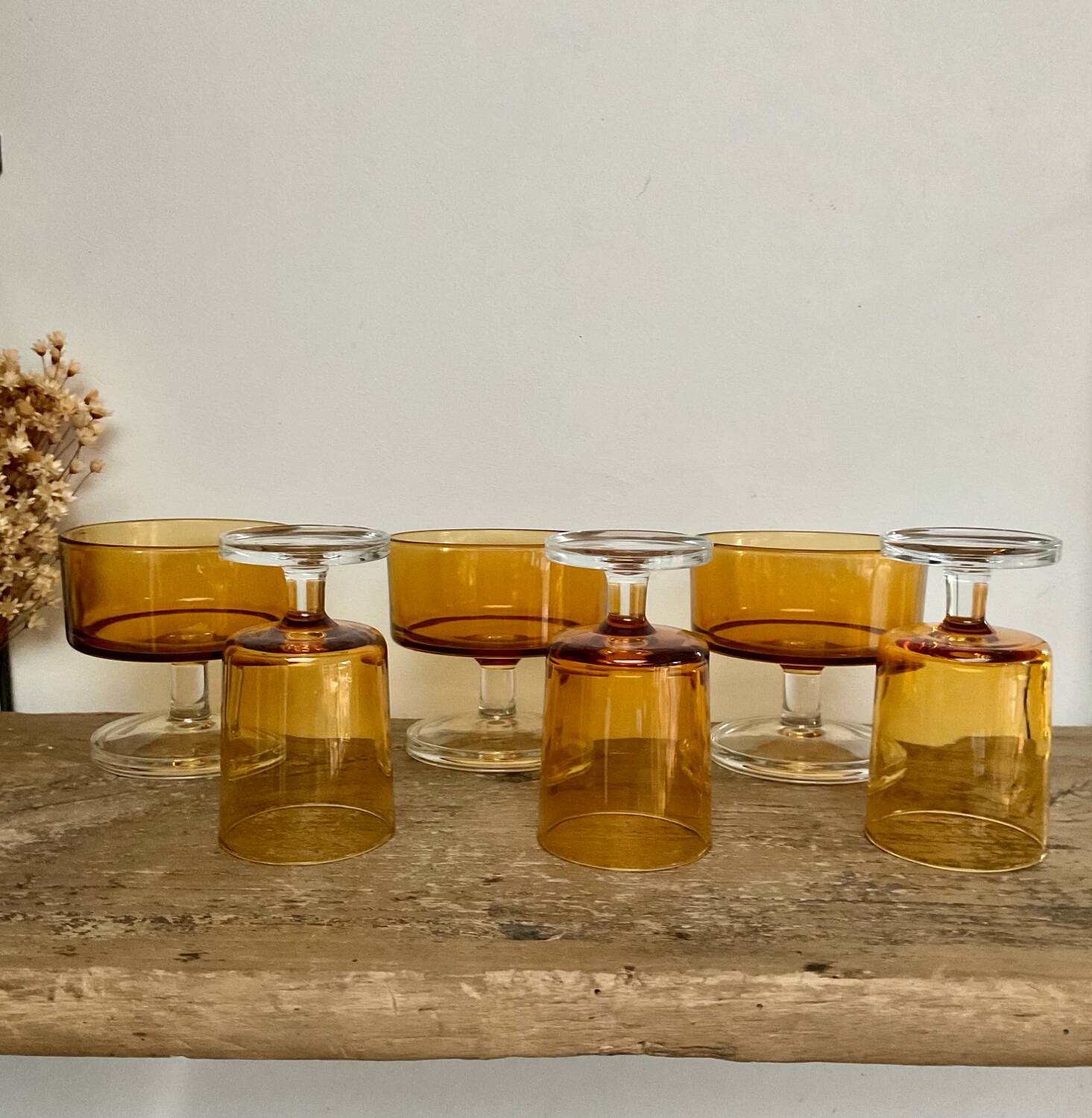 6 vintage LUMINARC amber glasses