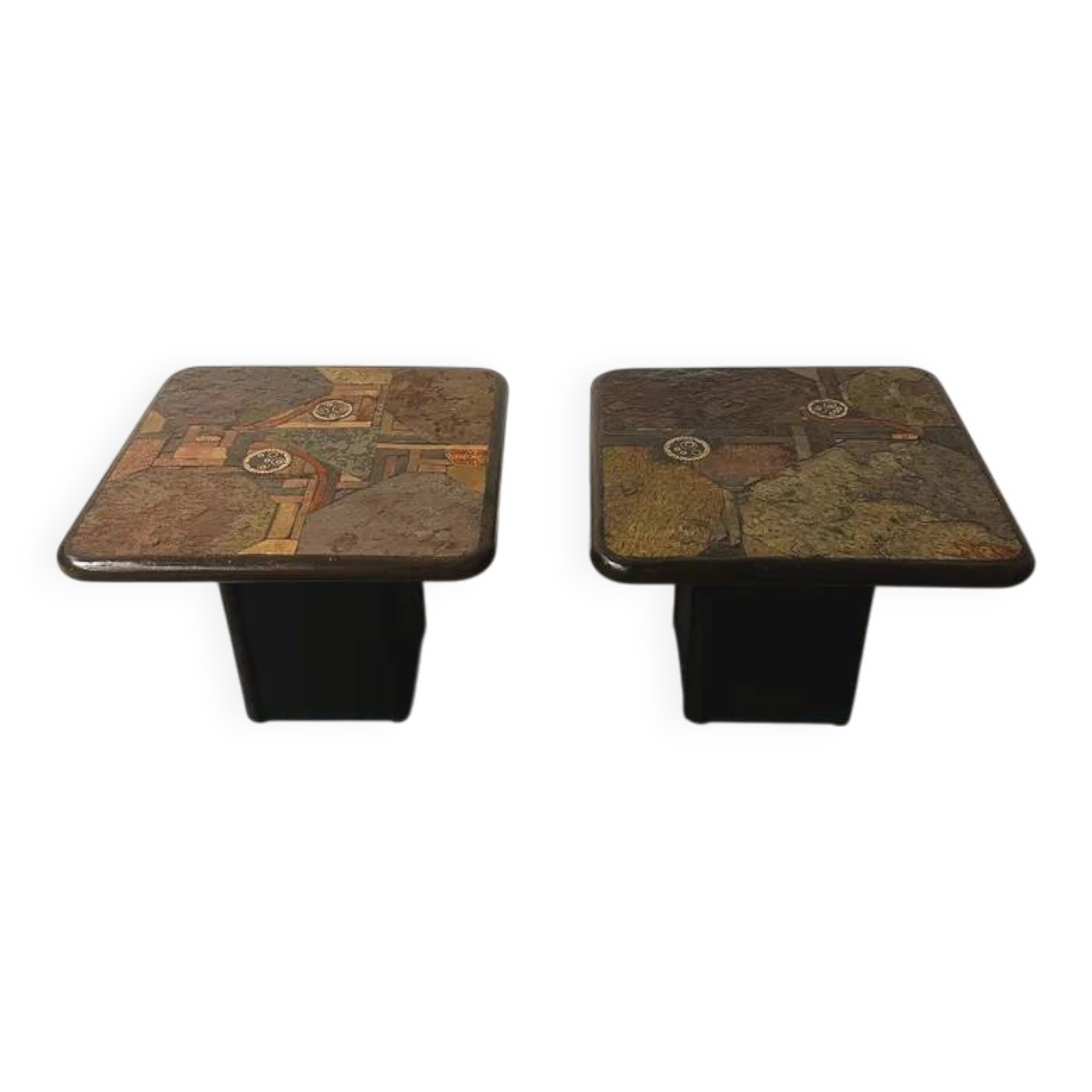 Pair of vintage Kneipp side tables with sculptural tops in mixed materials, 1970s