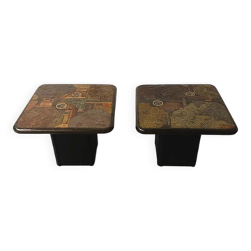 Pair of vintage Kneipp side tables with sculptural tops in mixed materials, 1970s
