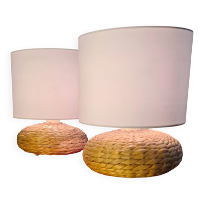 Paire de lampe ceramique jacinthe tressée et abat jour style lin blanc 26x2