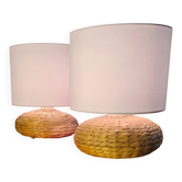 Paire de lampe ceramique jacinthe tressée et abat jour style lin blanc 26x2