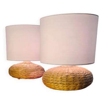 Pair of ceramic lamps with woven hyacinth and white linen shade 26x2