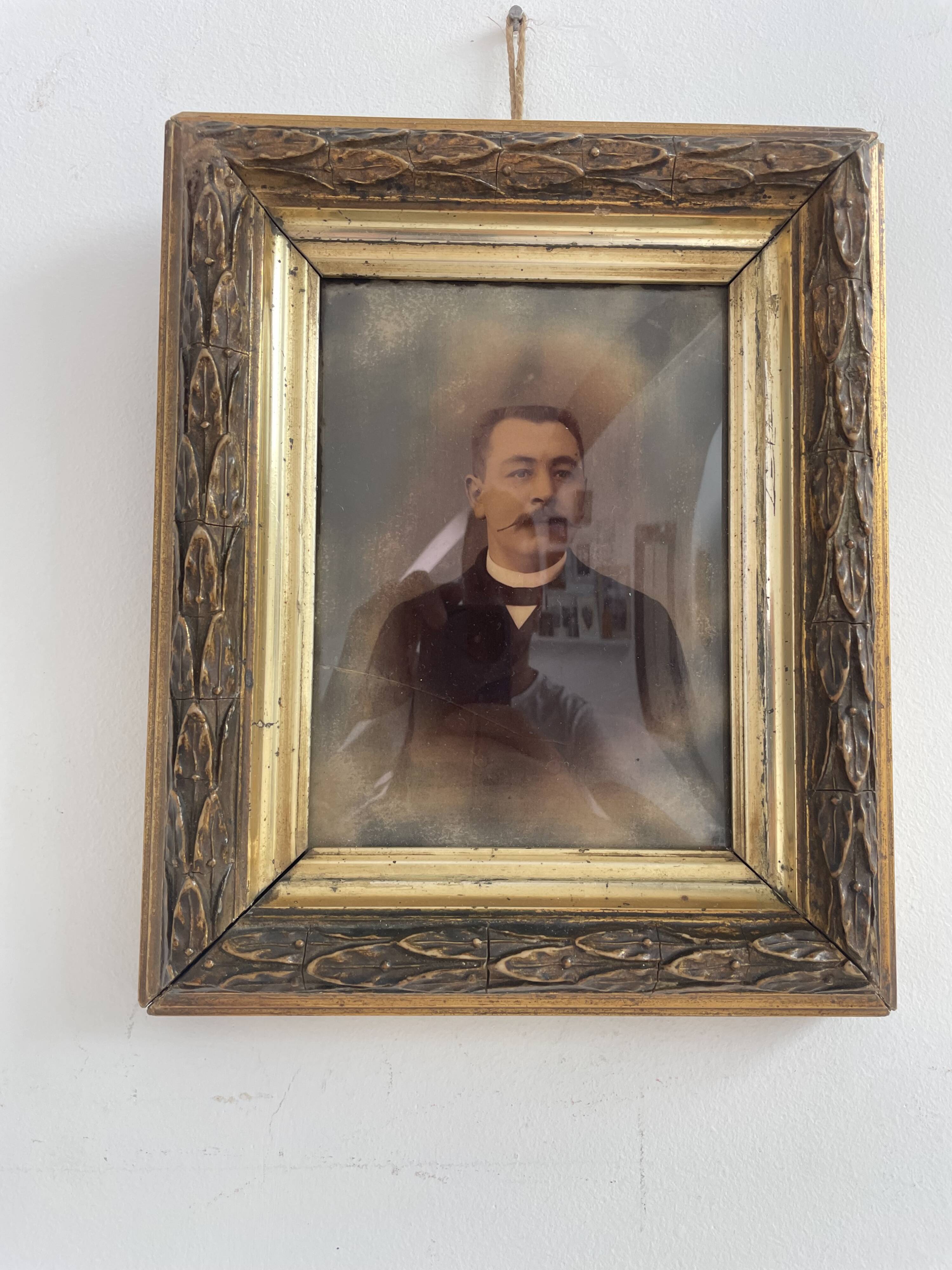 Portrait, photograph, ambrotype, hand painted, 19th century, signed EV, dated 1881, curved glass