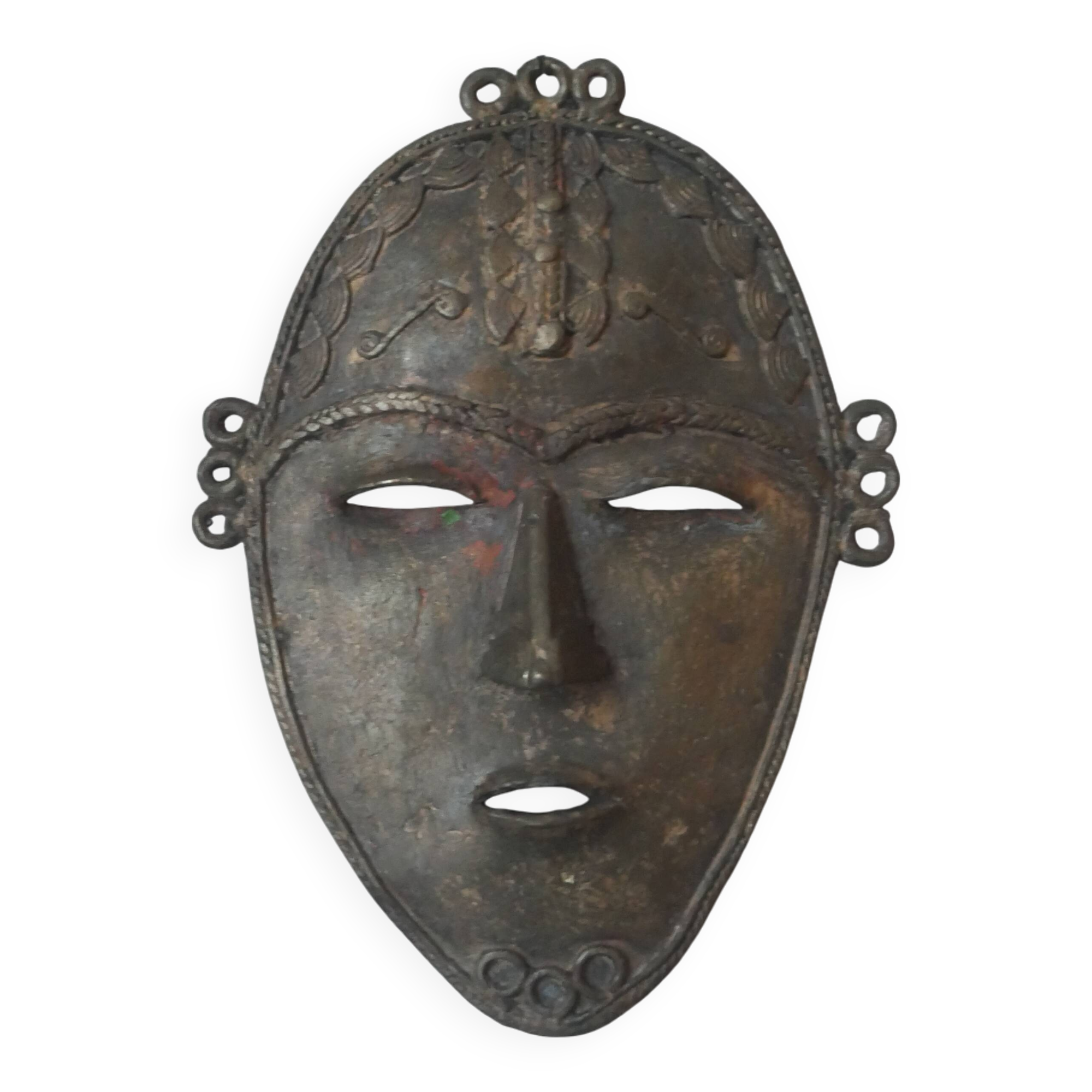 Wall mask sculpture African art brass vintage ethnic tribal handcrafted