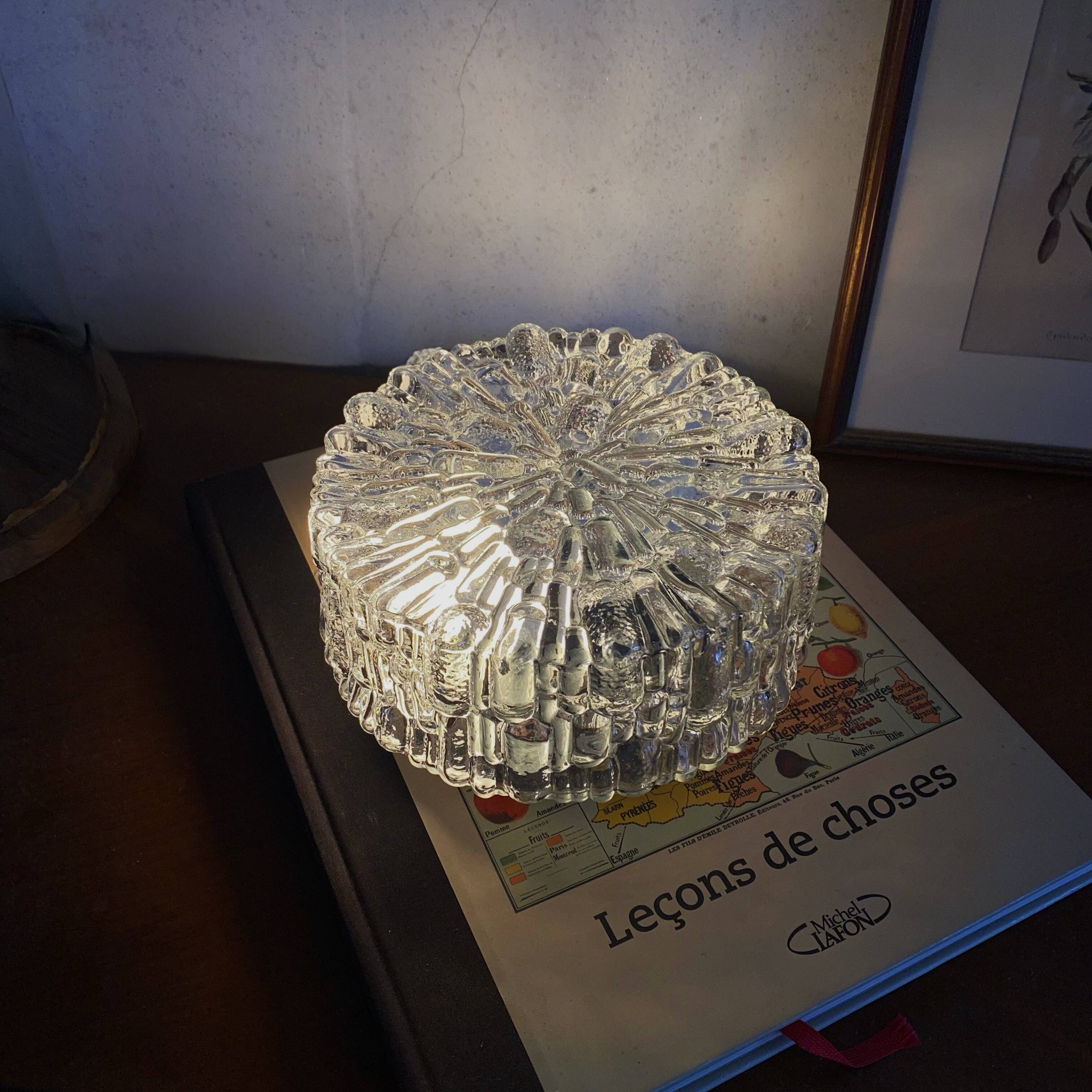 Round wall-mounted ceiling light, transparent moulded glass, vintage fixture.