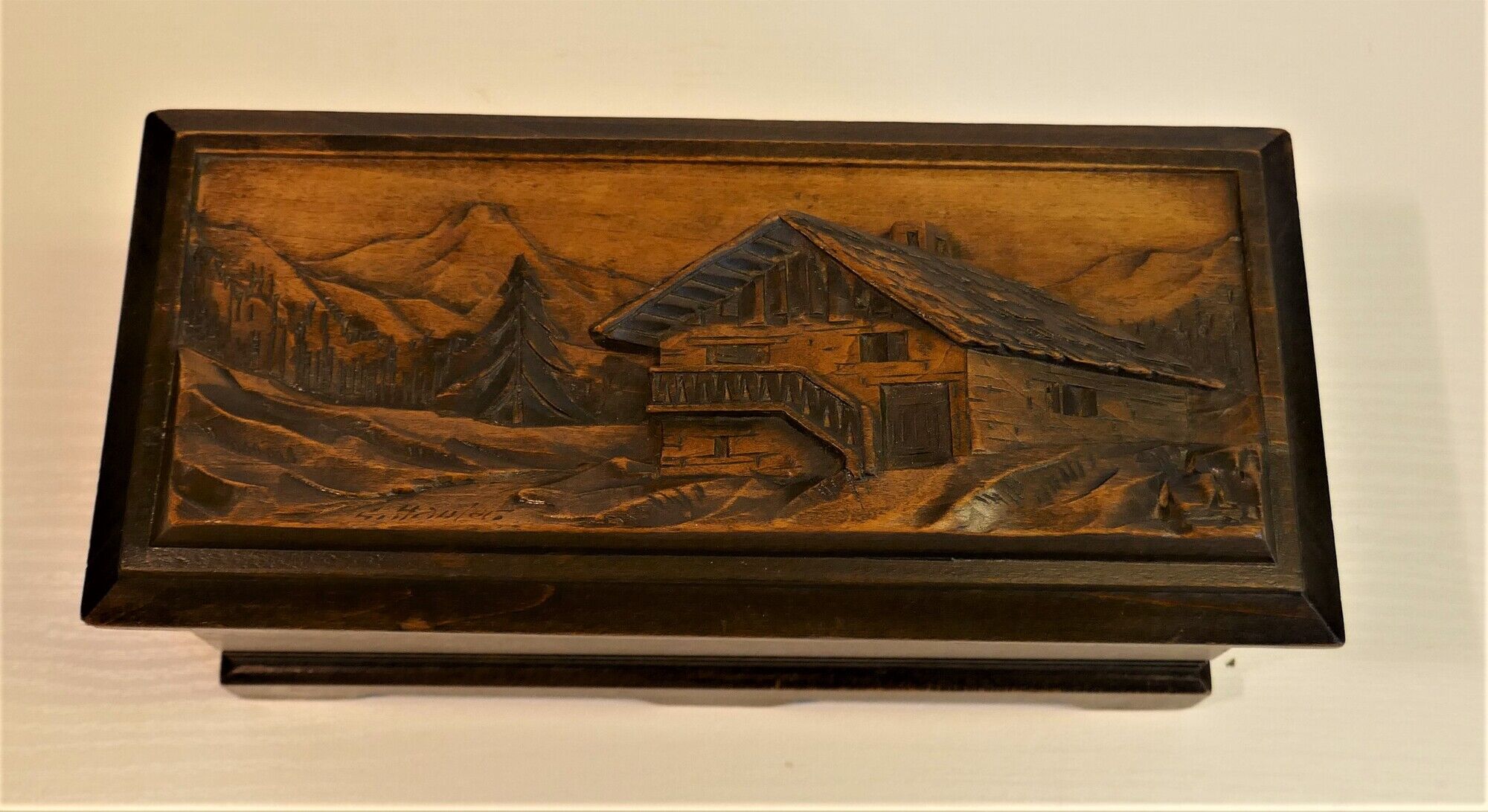 Vintage carved wooden box of a mountain landscape in relief