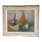 Huile sur toile originale suédoise – « Motif avec voiliers » par Birgit Forsell (1909–2003) – 1941 – Vintage et encadrée – 71,5 × 61,5 cm