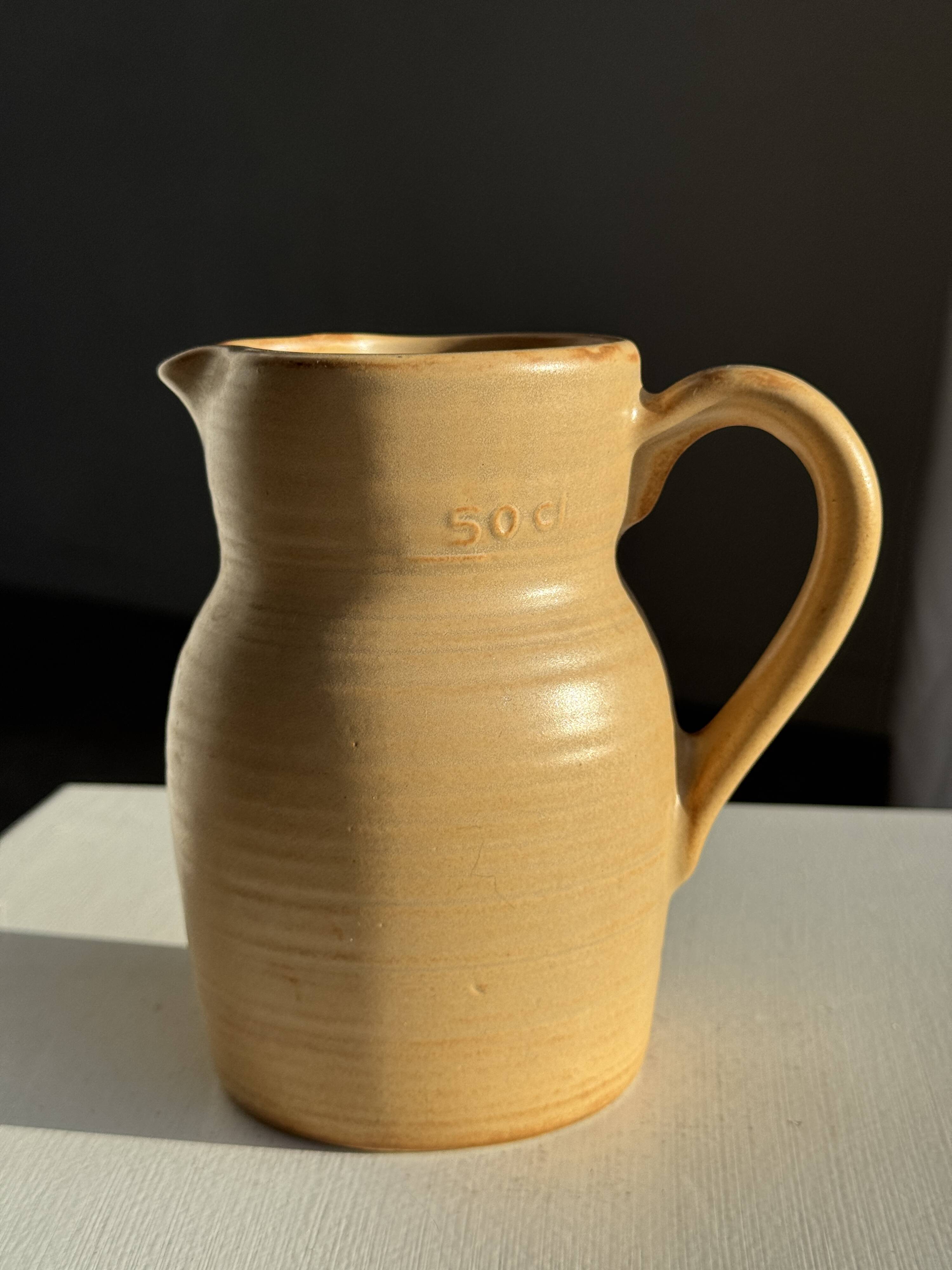 Small vintage jug engraved 50cl matte beige stoneware H14