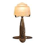 Art Deco lamp signed by Müller Frères in wrought iron and moulded glass.