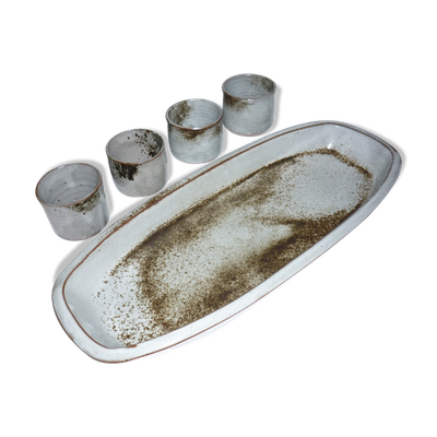 Plat à poisson & 4 pots pour sauces en céramique des années 60