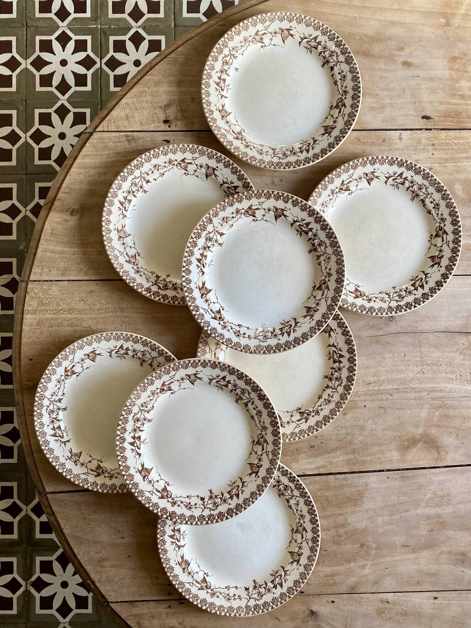 Set of 8 old flat plates in iron earth, decorations of HBC swallows