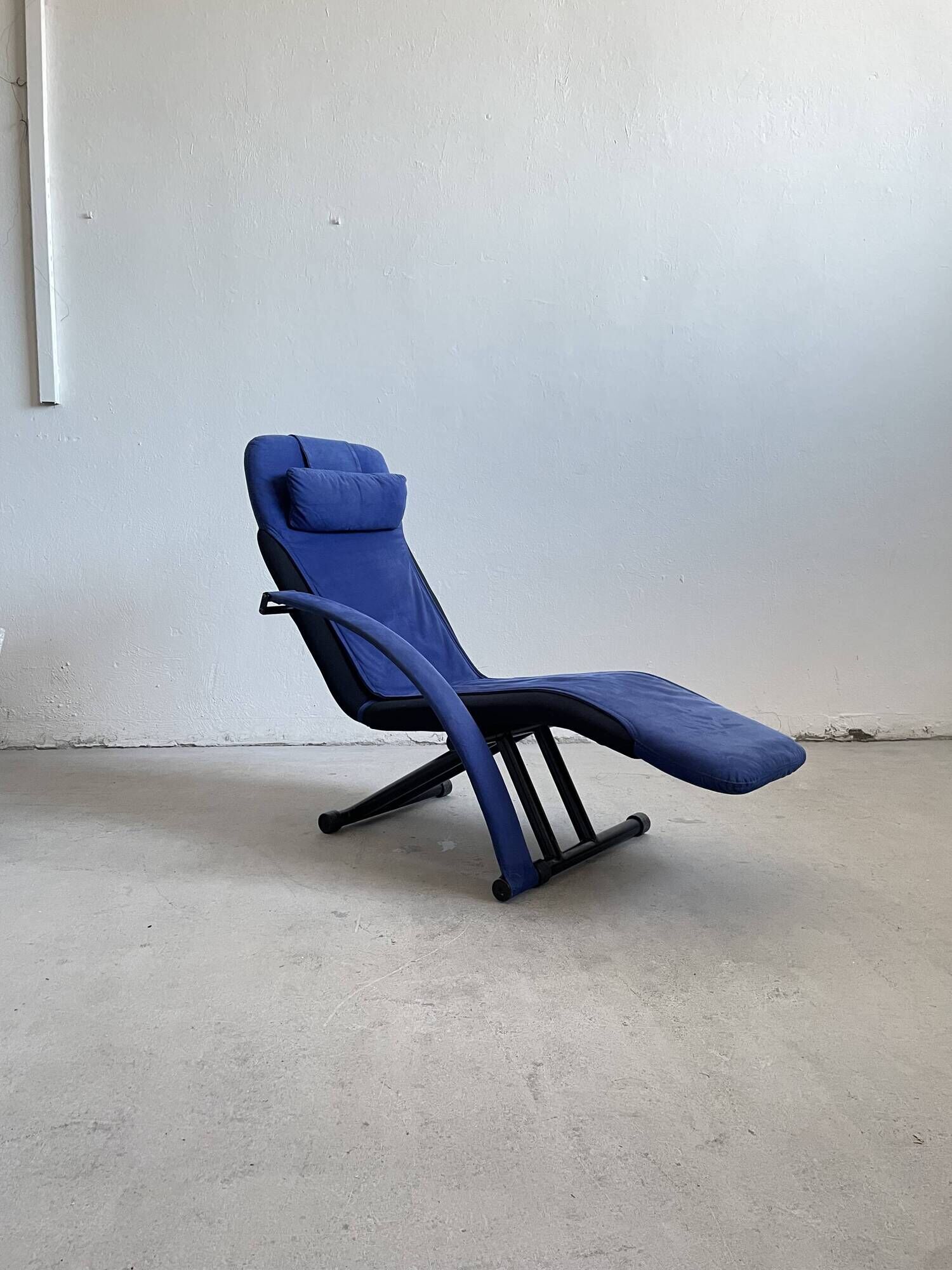 1980s Designer Lounge Chair in black fabric and blue Alcantara cover